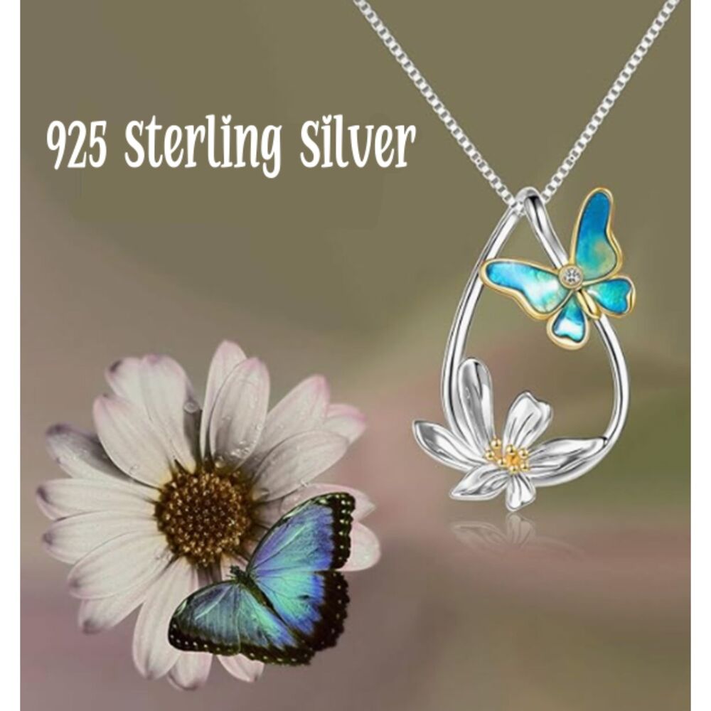 925 Sterling Silver Teardrop Blue Enamel Butterfly & Daisy Flower Necklace